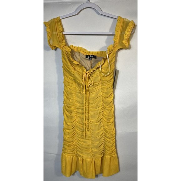 Lulus Dress Kris Mustard Yellow Ruched Off-The-Shoulder Bodycon Dress Nwt Mini S - Picture 5 of 10